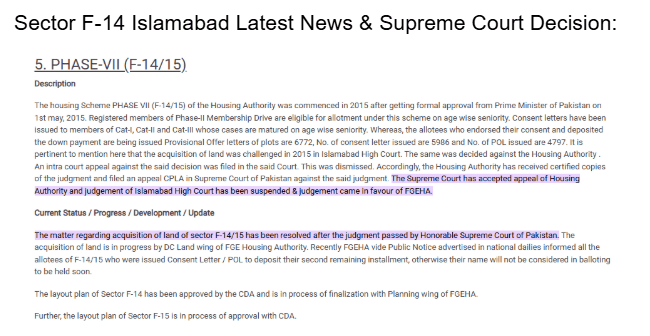 Sector F-14 Islamabad Latest News & Supreme Court Decision:<br />
